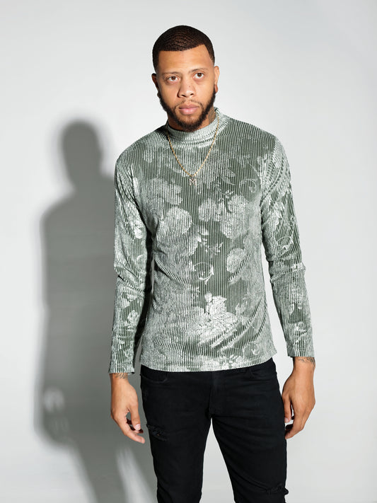 BMW Green Floral Velvet Long Sleeve Turtleneck Slim Fit